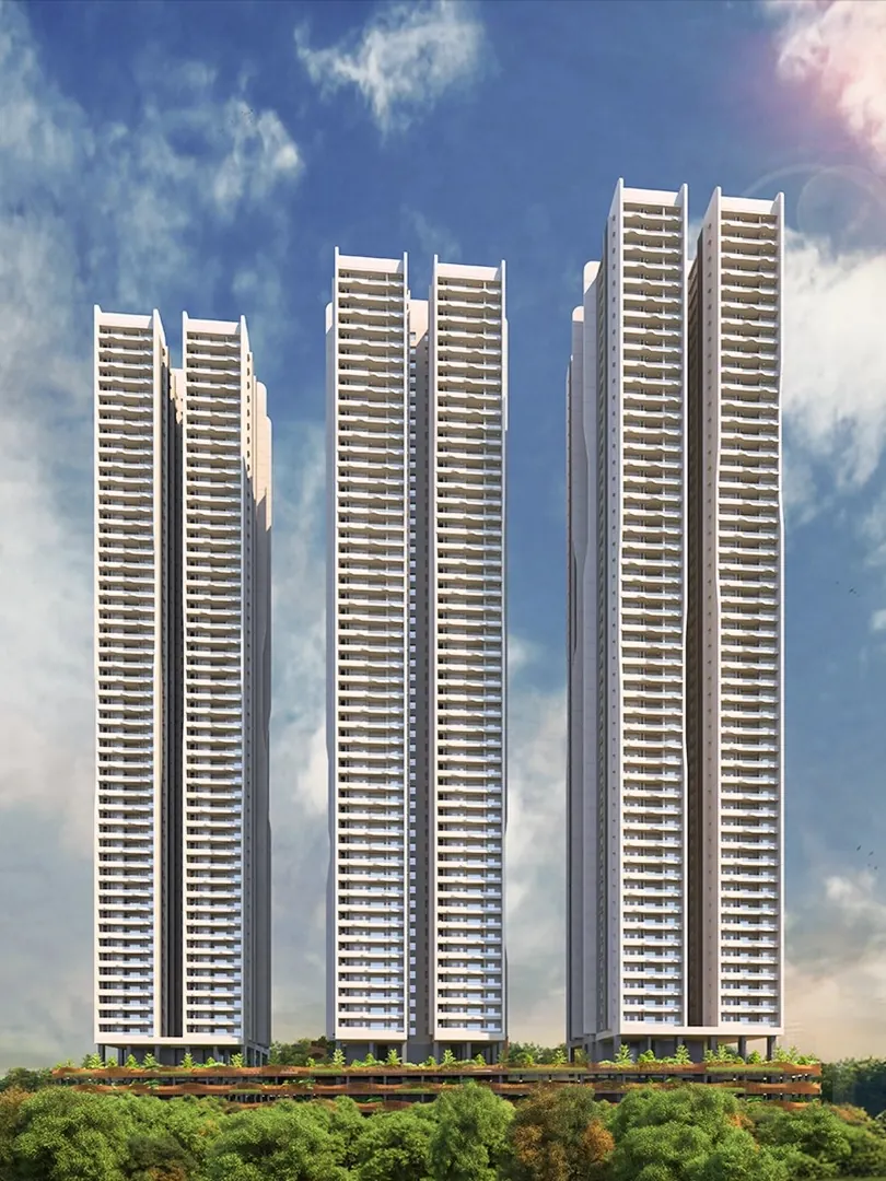 Aparna Sarovar Towers, Nallagandla, artistic impression Three slender apartment towers against a bright sky at Aparna Sarovar Towers