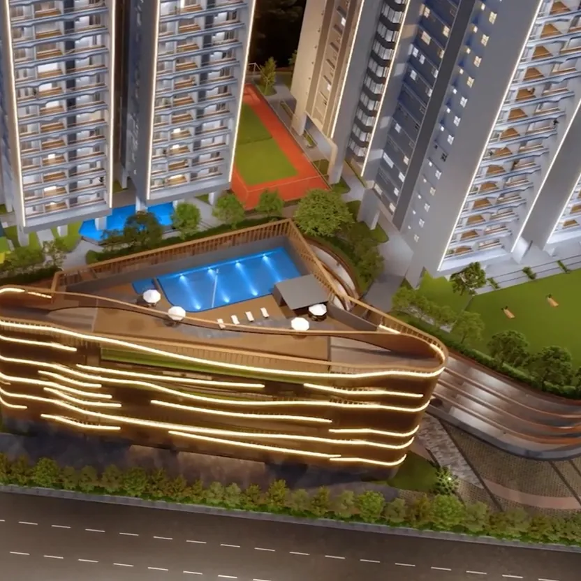 Aparna Sarovar Towers, Nallagandla, artistic impression An aerial view of the clubhouse podium, its rooftop pool and sports courts at Aparna Sarovar Towers