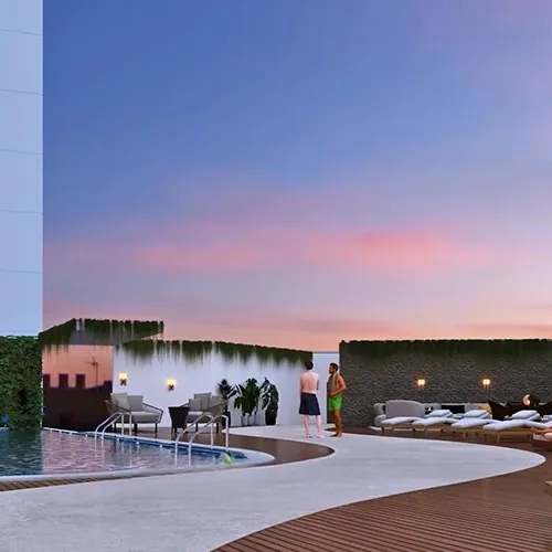 Aparna Sarovar Towers, Nallagandla, artistic impression A rooftop pool with loungers at dusk at Aparna Sarovar Towers