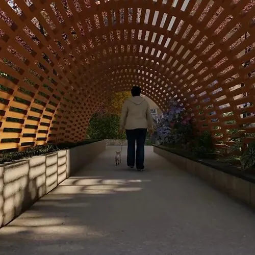 Aparna Sarovar Towers, Nallagandla, artistic impression A shaded pergola walkway lined with planters at Aparna Sarovar Towers