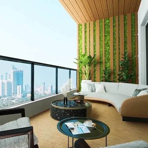 Aparna Sarovar Towers, Nallagandla, artistic impression A balcony lounge with a sofa and a city view at Aparna Sarovar Towers