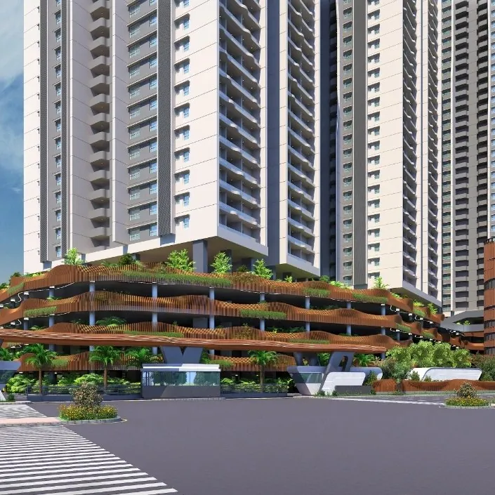 Aparna Sarovar Towers, Nallagandla, artistic impression The landscaped podium and arrival court below a tower at Aparna Sarovar Towers