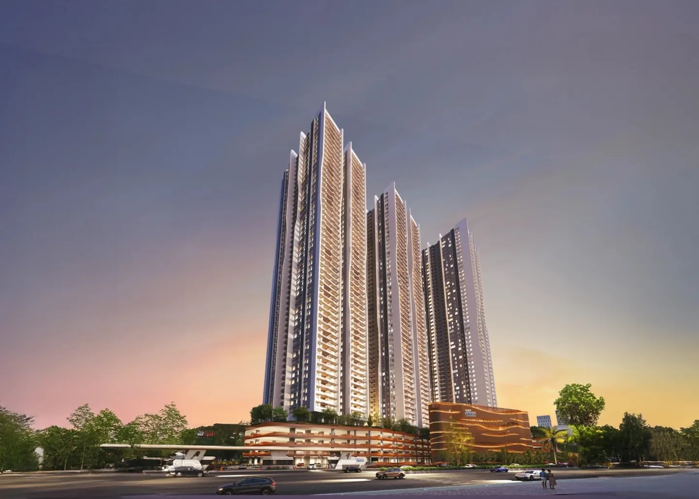 Aparna Sarovar Towers, Nallagandla, artistic impression Tall white apartment towers rising above a landscaped podium at sunset at Aparna Sarovar Towers